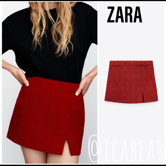 ZARA TEXTURED RED SKIRT WITH SLIT - Picture 2 of 12